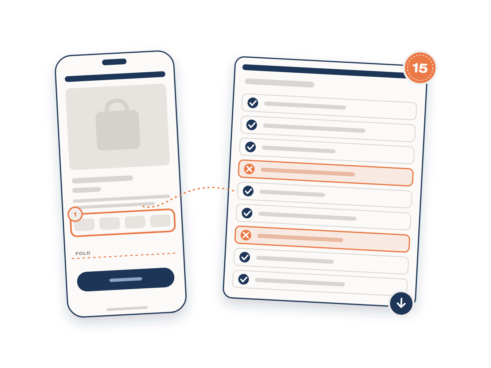 A 15-point mobile checklist beside a phone showing a store page
